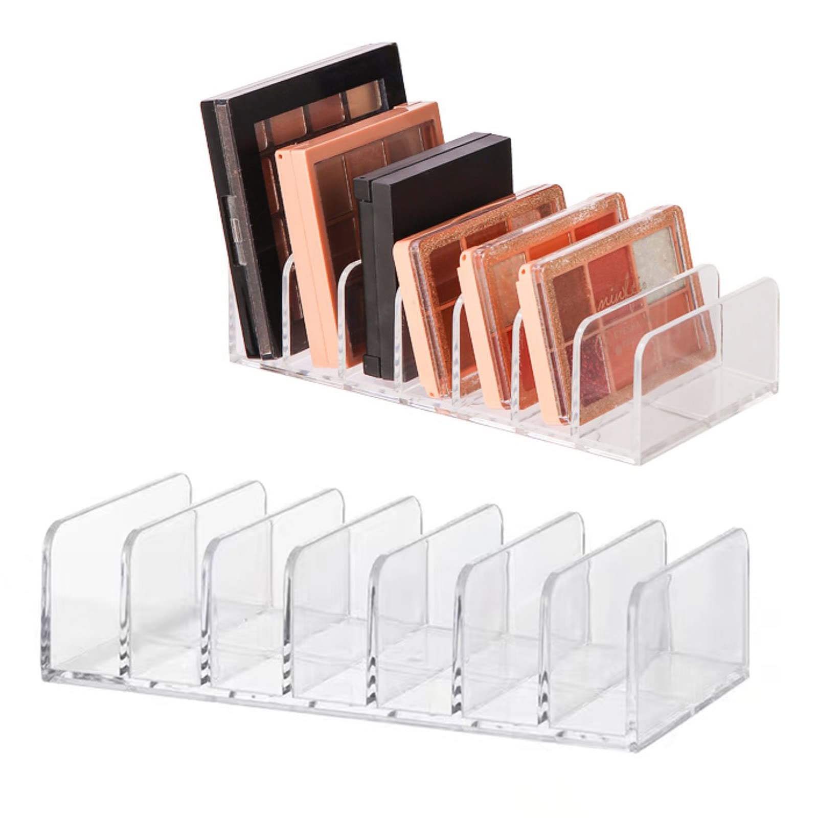 HFGFUEE Makeup Palette Organizer,Acrylic Eyeshadow Palette Pallet Holder,7 Sectons BPA Free Divided Make Up Blush,Contour Storage Holder Cosmetic Eye Shadow Display Stand Clear Rack Vanity Holder-2Pcs