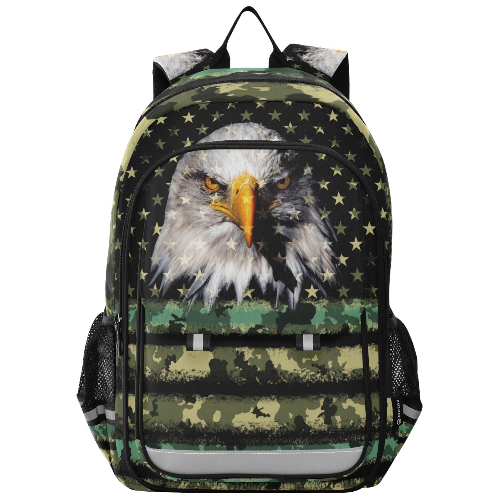 Vnurnrn Camouflage with Eagle American Flag Kids Backpack Big Storage Multiple Pockets 17.7 IN Bookbag with Chest Buckle Reflective Strip for Boys Girls 6+ years in Primary Middle High School