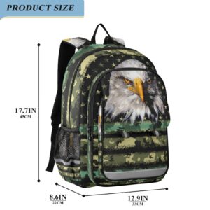 Vnurnrn Camouflage with Eagle American Flag Kids Backpack Big Storage Multiple Pockets 17.7 IN Bookbag with Chest Buckle Reflective Strip for Boys Girls 6+ years in Primary Middle High School