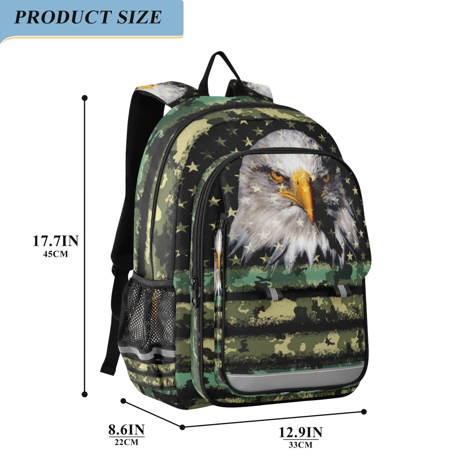 Vnurnrn Camouflage with Eagle American Flag Kids Backpack Big Storage Multiple Pockets 17.7 IN Bookbag with Chest Buckle Reflective Strip for Boys Girls 6+ years in Primary Middle High School