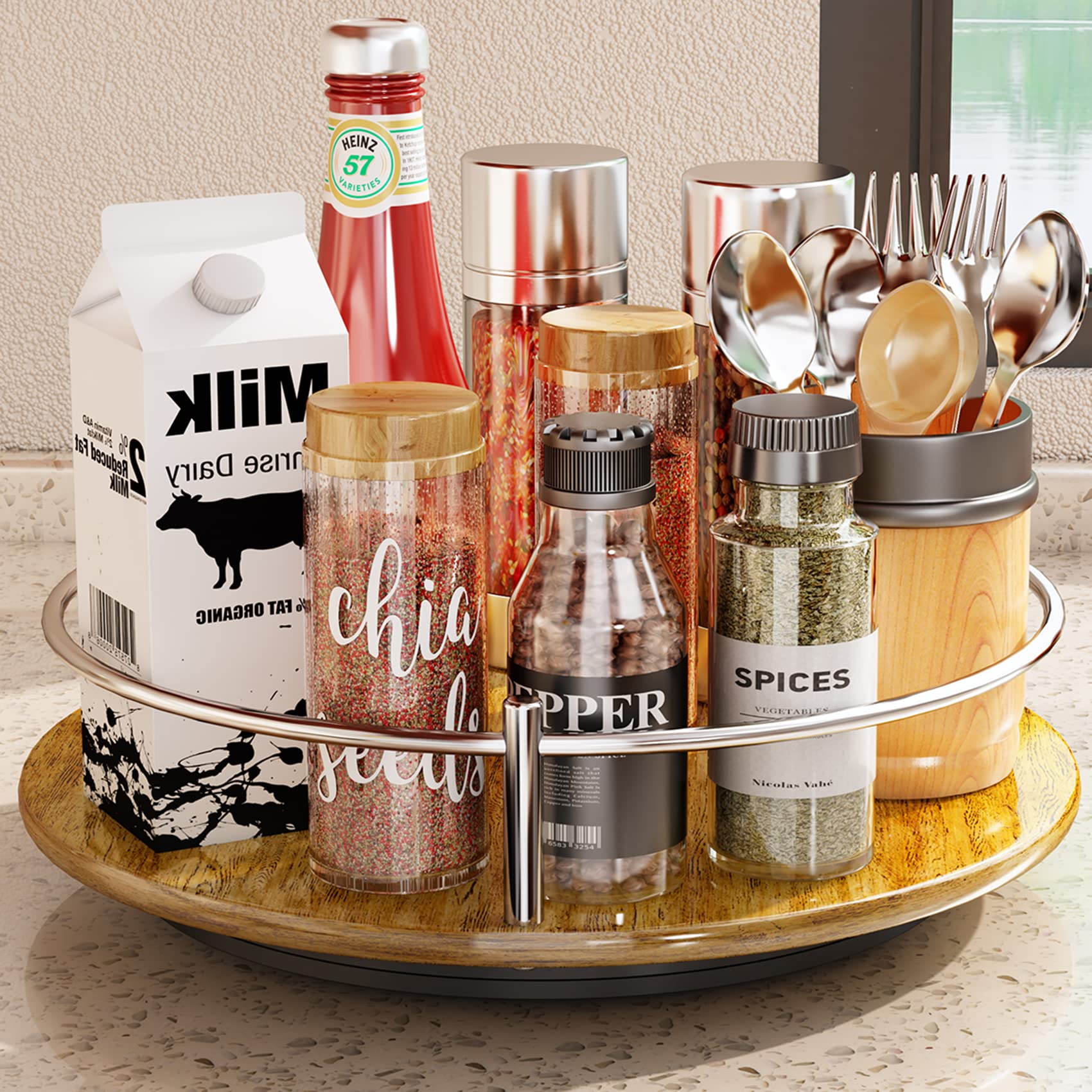 Lazy Susan Turntable Organizer - 10" Wood Rotating Spice Rack for Cabinet Pantry Kitchen Countertop, Table Storage (1 Tier-Silver)