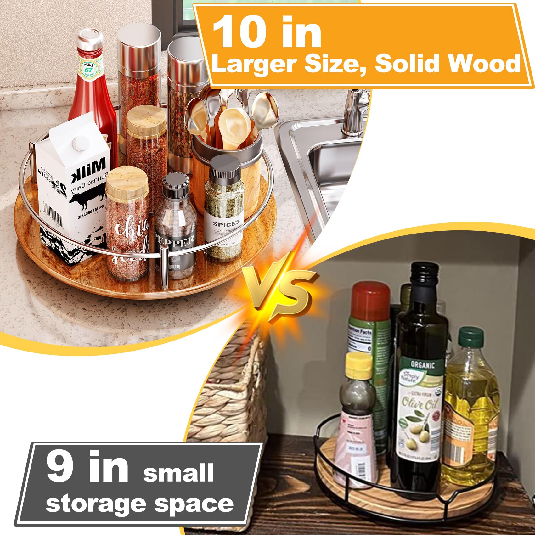 Lazy Susan Turntable Organizer - 10" Wood Rotating Spice Rack for Cabinet Pantry Kitchen Countertop, Table Storage (1 Tier-Silver)