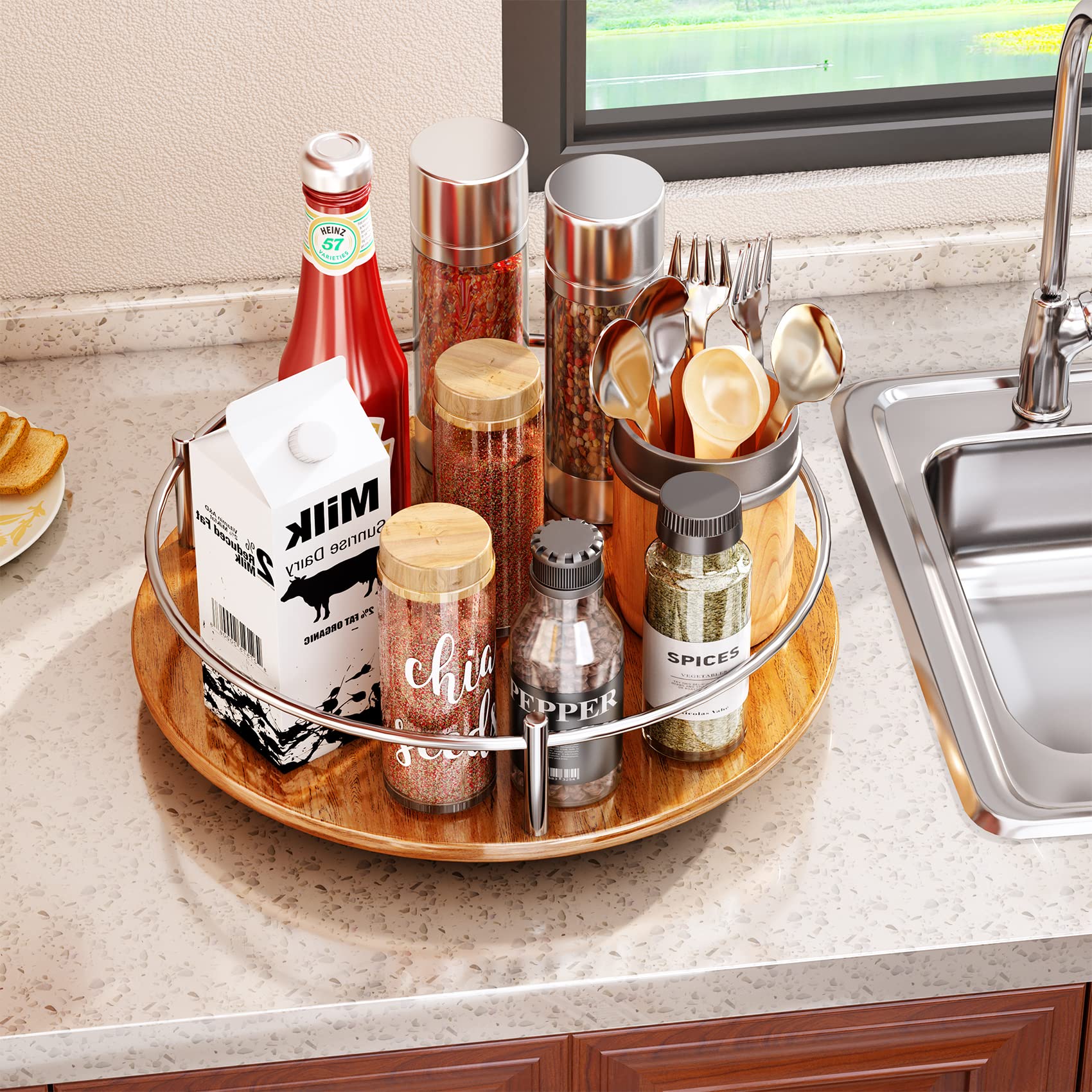 Lazy Susan Turntable Organizer - 10" Wood Rotating Spice Rack for Cabinet Pantry Kitchen Countertop, Table Storage (1 Tier-Silver)