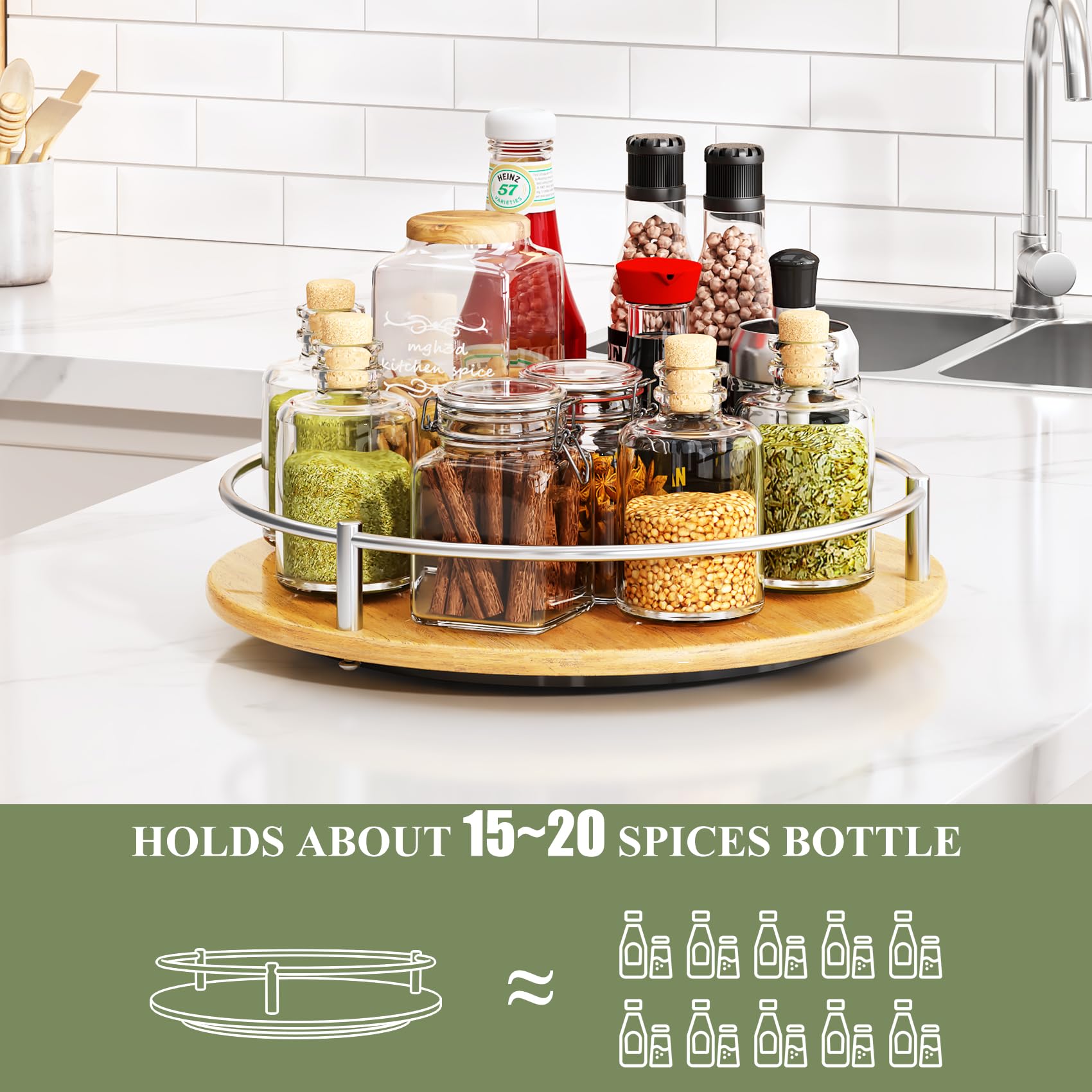 Lazy Susan Turntable Organizer - 10" Wood Rotating Spice Rack for Cabinet Pantry Kitchen Countertop, Table Storage (1 Tier-Silver)