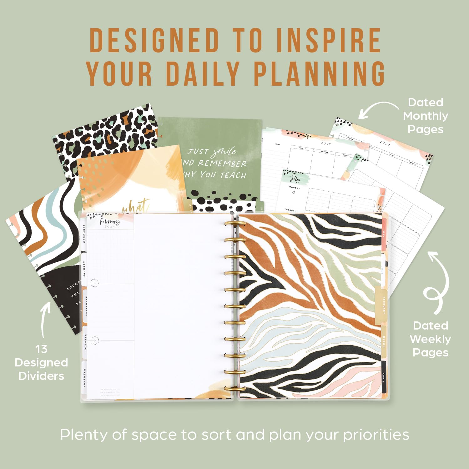 Happy Planner Disc-Bound School Planner and Calendar, 12-Month Daily, Weekly, and Monthly July 2023–June 2024 Planner, Teacher Layout, Wild Journey Theme, Big Size, 8 1/2 Inches by 11 Inches