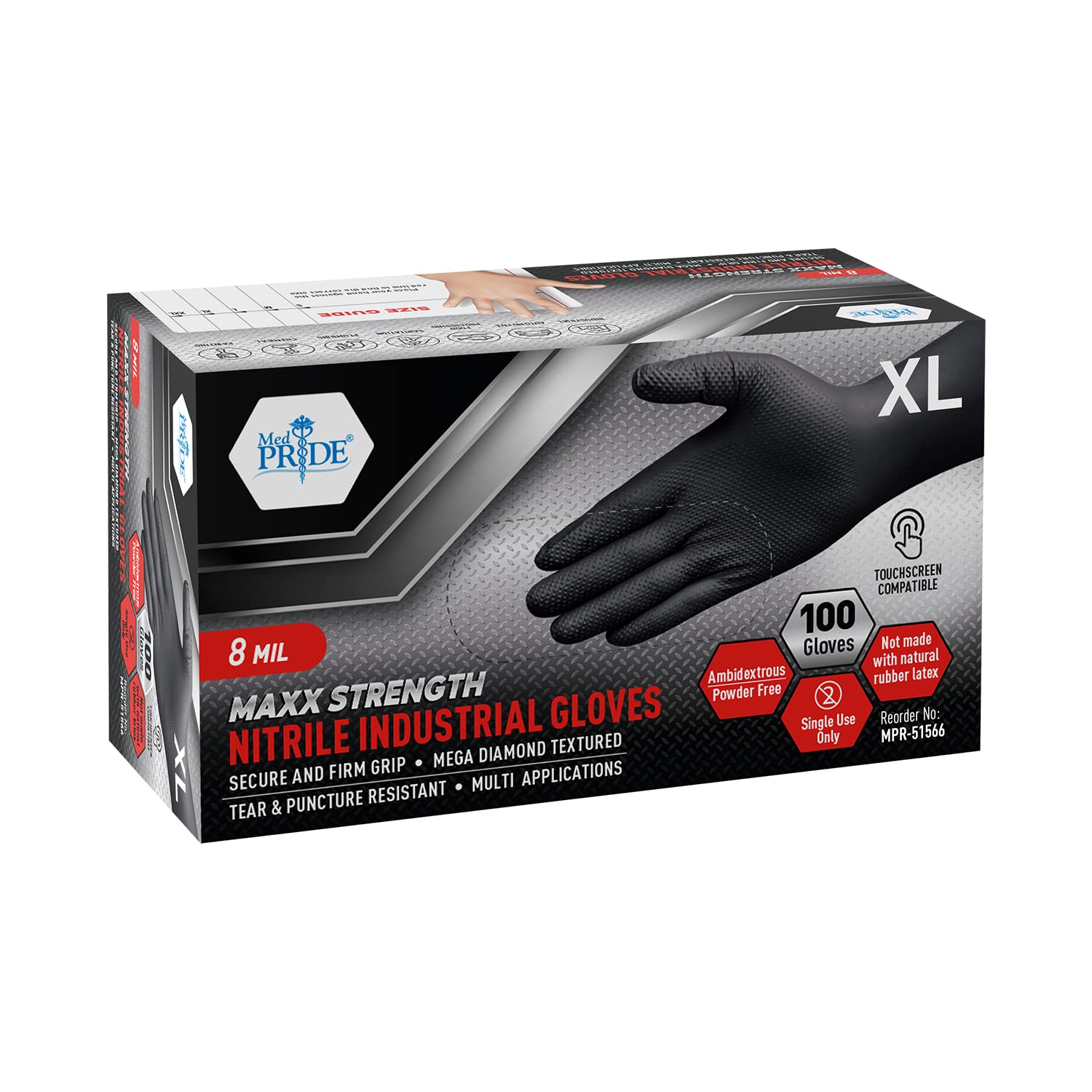 MED PRIDE Maxx Strength Nitrile Industrial Gloves, 8 Mil Thick [1000 Gloves/Medium] - Diamond Texture Disposable Safety- Heavy-Duty, Tear-Resistant Mechanic Automotive Food Handling Gloves- Black