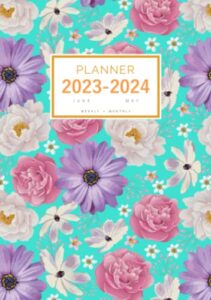 planner 2023-2024: a5 weekly and monthly organizer from june 2023 to may 2024 | elegant rose peony flower design turquoise