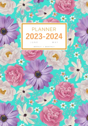 Planner 2023-2024: A5 Weekly and Monthly Organizer from June 2023 to May 2024 | Elegant Rose Peony Flower Design Turquoise