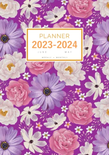 Planner 2023-2024: A5 Weekly and Monthly Organizer from June 2023 to May 2024 | Elegant Rose Peony Flower Design Purple