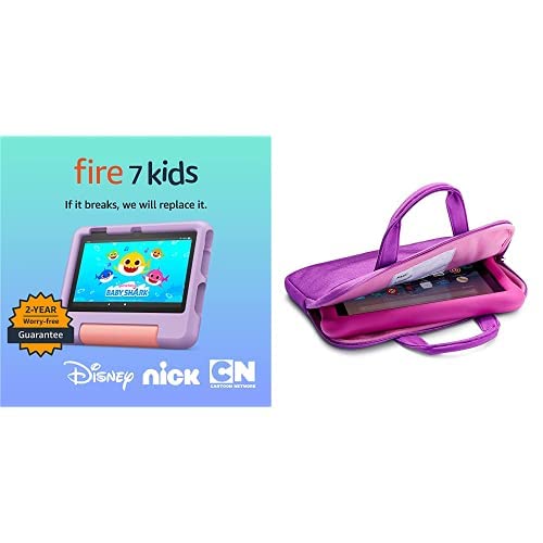 Amazon Fire 7 Kids tablet, 7" display 32GB (Purple) + Kids Zipper Sleeve (Pink)