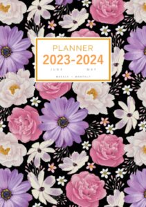 planner 2023-2024: a5 weekly and monthly organizer from june 2023 to may 2024 | elegant rose peony flower design black