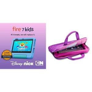 amazon fire 7 kids tablet, 7" display 16gb (blue) + kids zipper sleeve (pink)