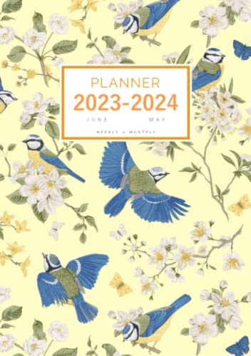 Planner 2023-2024: A5 Weekly and Monthly Organizer from June 2023 to May 2024 | Bird and Blooming Flower Tree Design Yellow