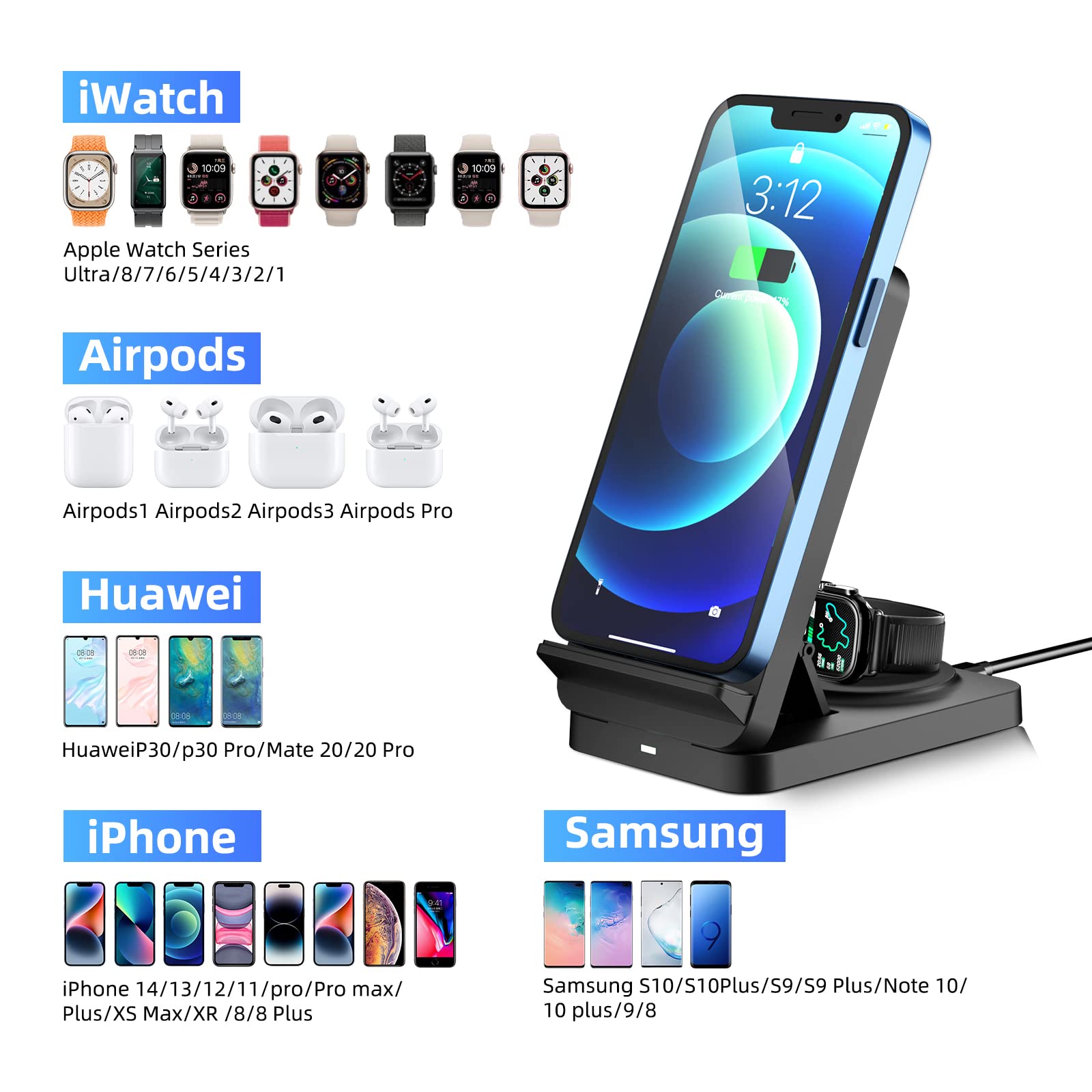 Wireless Charging Station Foldable 3 in 1 Wireless Charger for Apple Multiple Devices, 18W Fast Charging Stand for iPhone 15/14/13/12/11/X Pro Max, AirPods, iWatch, Samsung Galaxy Phone Series