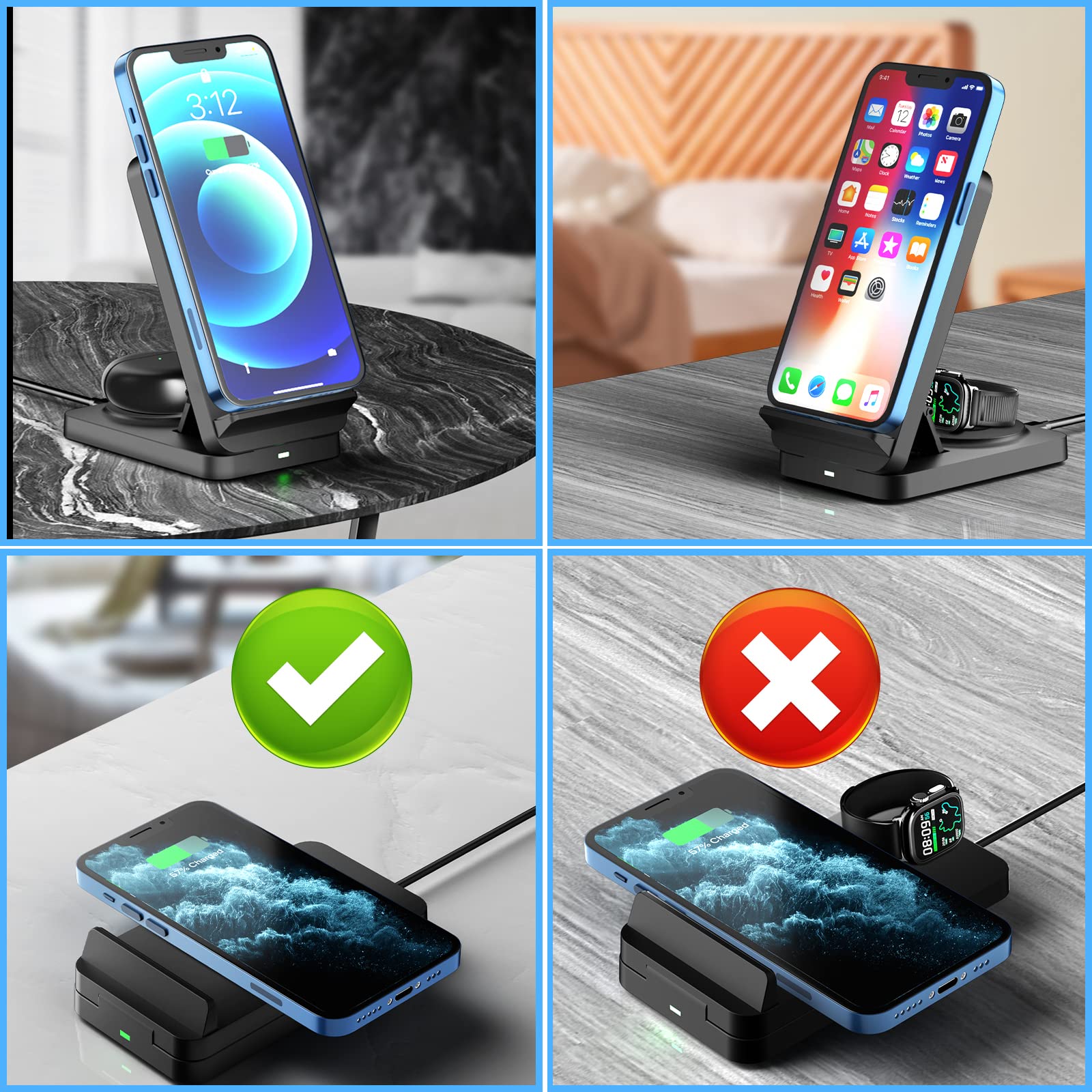 Wireless Charging Station Foldable 3 in 1 Wireless Charger for Apple Multiple Devices, 18W Fast Charging Stand for iPhone 15/14/13/12/11/X Pro Max, AirPods, iWatch, Samsung Galaxy Phone Series