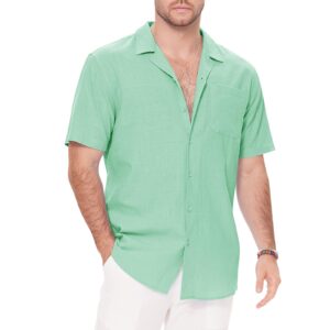 jekaoyi men's button down cotton linen shirts short sleeve cuban collar summer casual beach shirts with pocket green