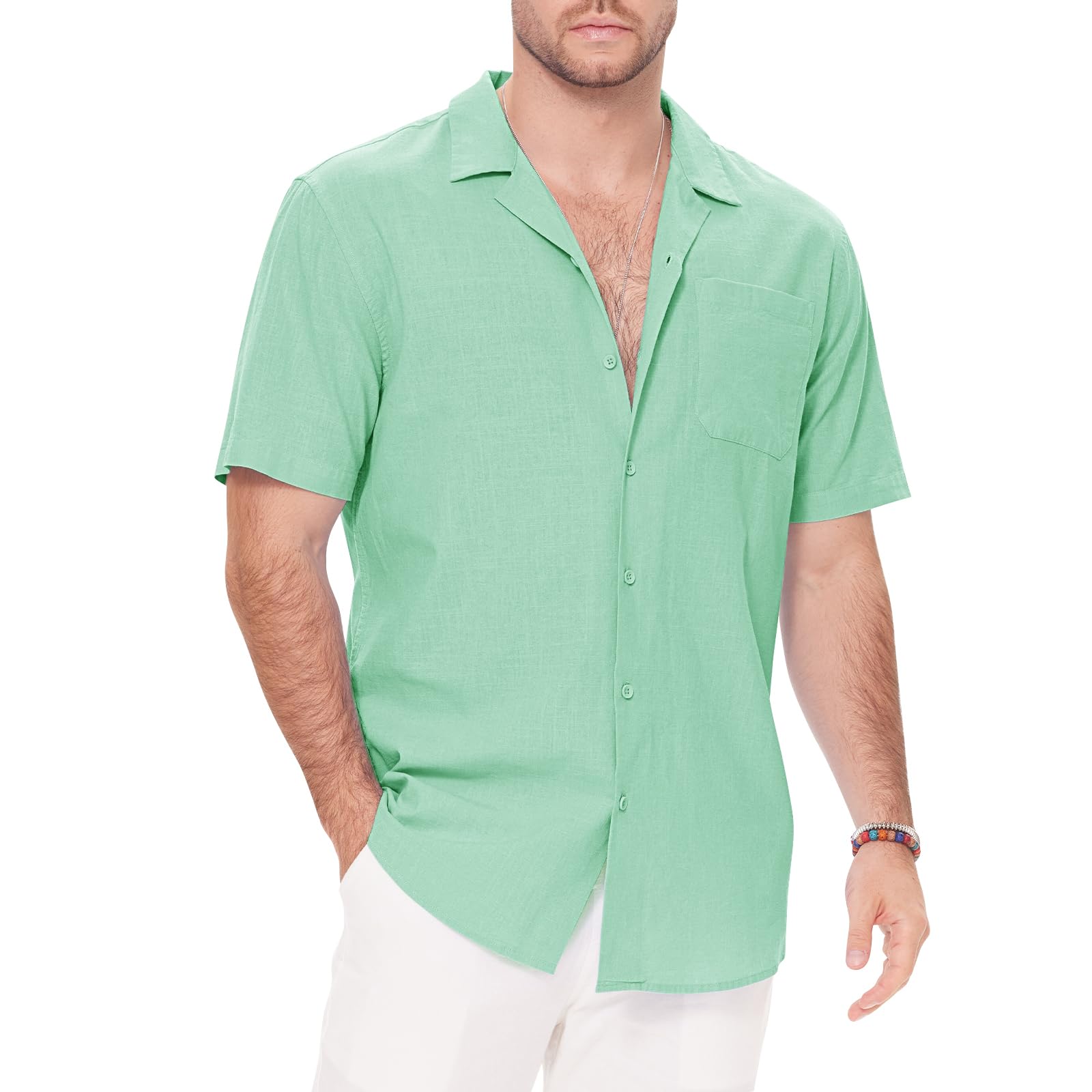 JEKAOYI Men's Button Down Cotton Linen Shirts Short Sleeve Cuban Collar Summer Casual Beach Shirts with Pocket Green