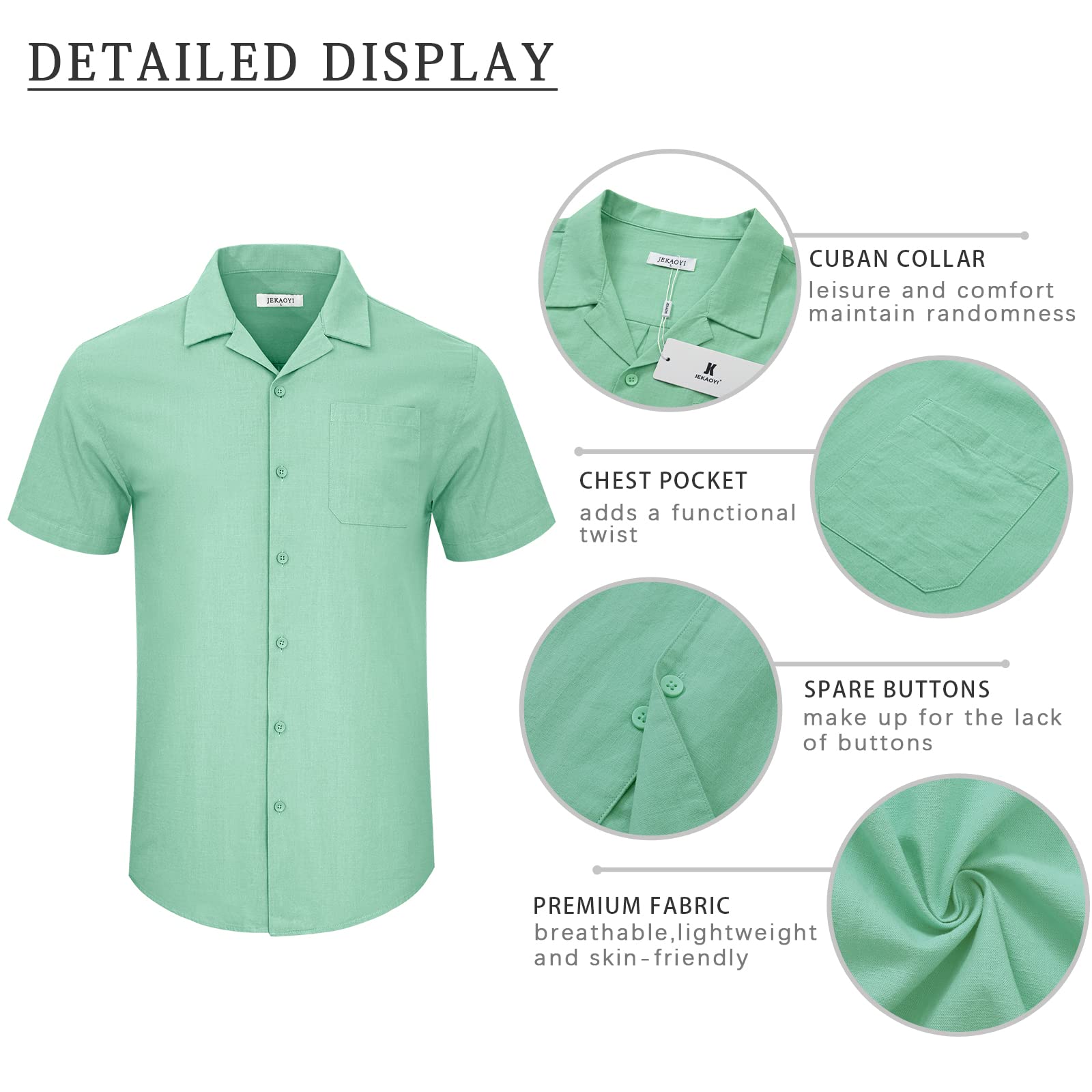 JEKAOYI Men's Button Down Cotton Linen Shirts Short Sleeve Cuban Collar Summer Casual Beach Shirts with Pocket Green