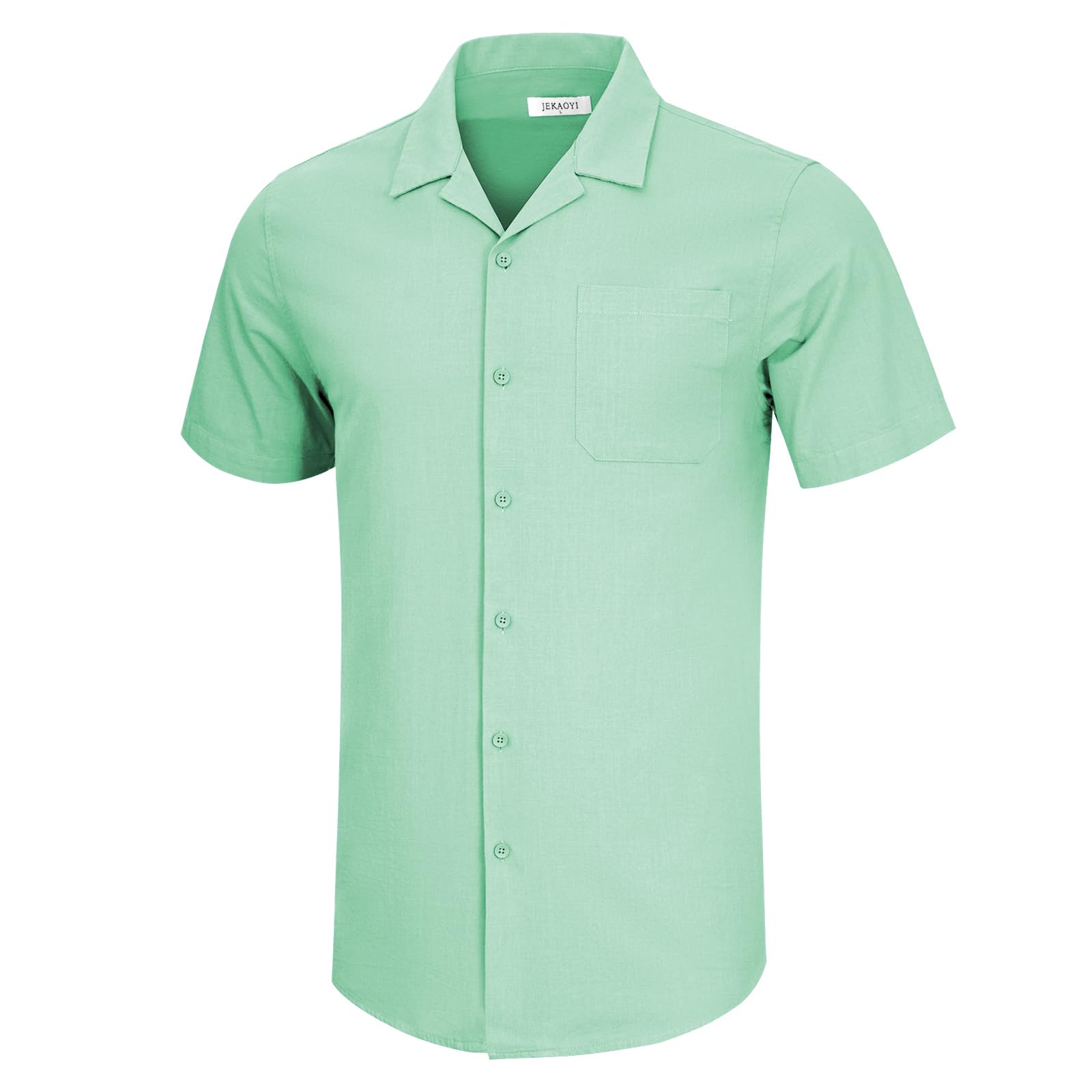 JEKAOYI Men's Button Down Cotton Linen Shirts Short Sleeve Cuban Collar Summer Casual Beach Shirts with Pocket Green