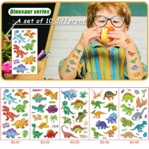 10 Sheets(120PCS) Dinosaur Temporary Tattoos for Kids Cartoon Fake Tattoo Stickers Cute Dinosaur Egg Tree Leaf Design Waterproof Body Art Tattoo Sticker for Kids Birthday Party Decoration Supplies