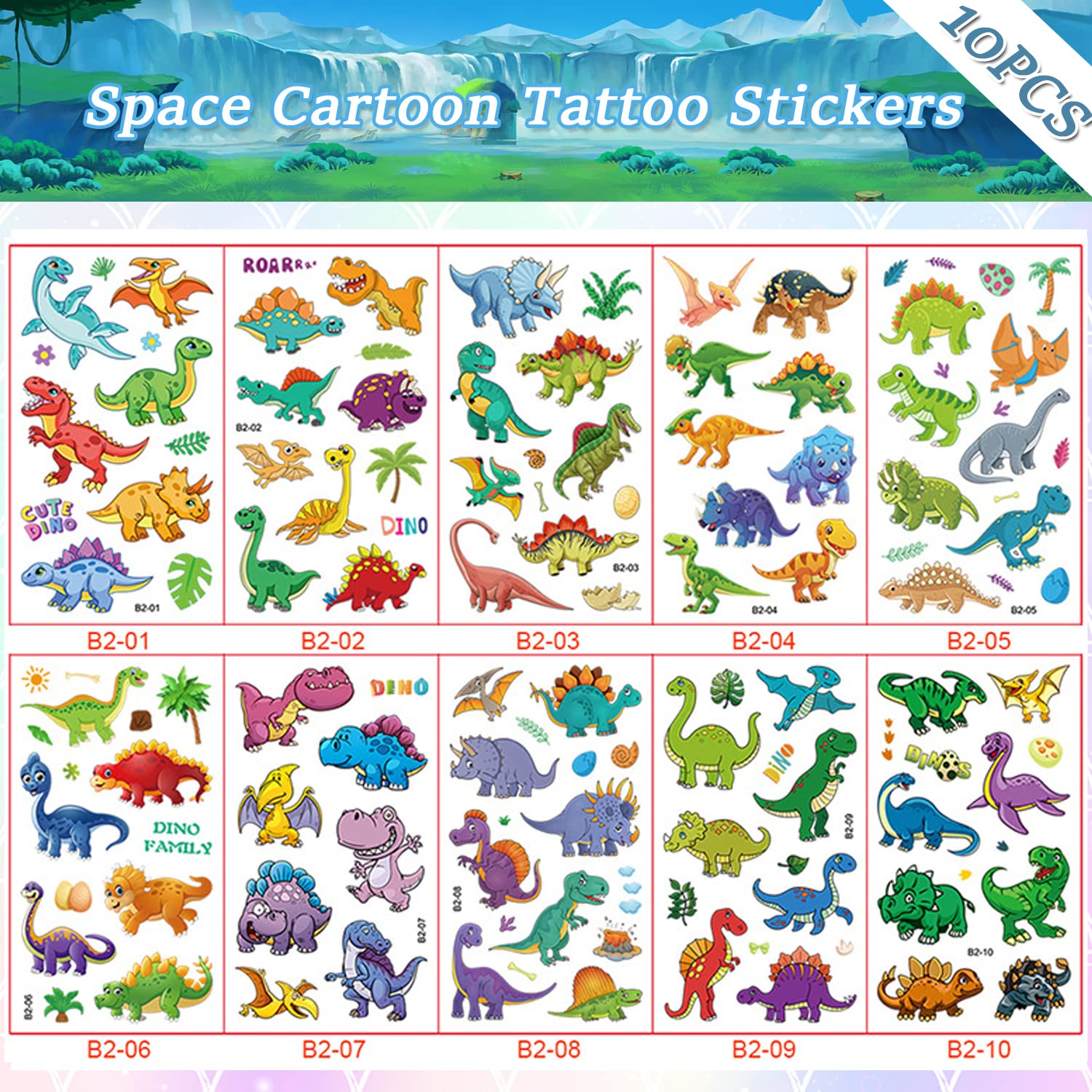 10 Sheets(120PCS) Dinosaur Temporary Tattoos for Kids Cartoon Fake Tattoo Stickers Cute Dinosaur Egg Tree Leaf Design Waterproof Body Art Tattoo Sticker for Kids Birthday Party Decoration Supplies