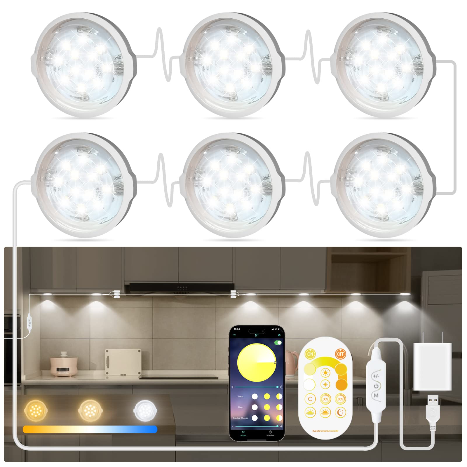 MATICOD Under Cabinet Lights Plug in Dimmable White LED Under Cabinet Lighting, Bluetooth Smart APP Remote Control Closet Lights Kitchen Lights, Under Counter Lights for Kitchen, Cabinet