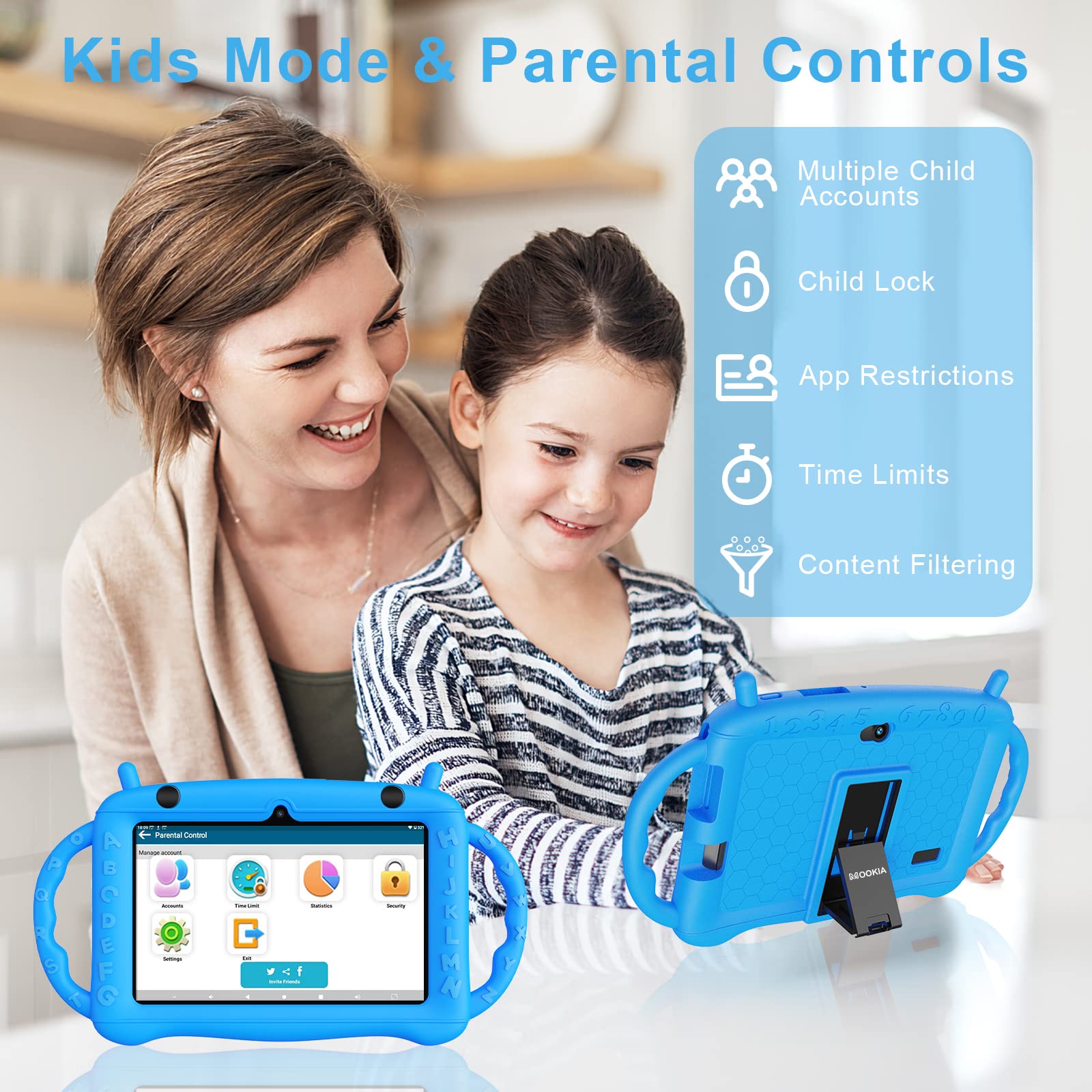 MOOKIA Kids Tablet Android 12 Tablet for Kids 7 inch Learning Tablet Quad-Core 32GB GMS Certified WiFi Bluetooth 4.2 Dual Camera Parental Control with Drop-Proof Case (Blue)