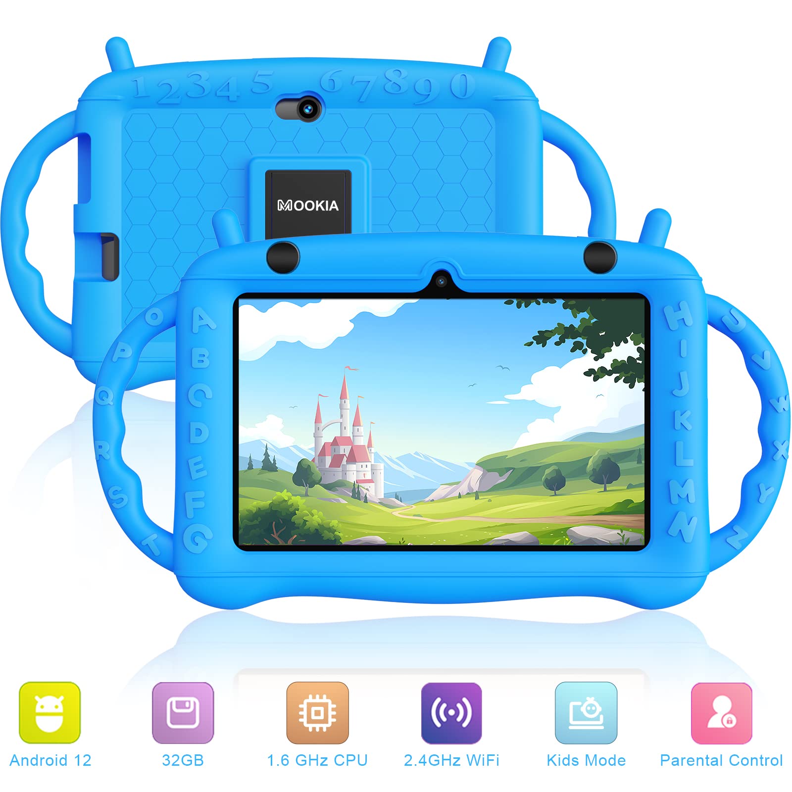 MOOKIA Kids Tablet Android 12 Tablet for Kids 7 inch Learning Tablet Quad-Core 32GB GMS Certified WiFi Bluetooth 4.2 Dual Camera Parental Control with Drop-Proof Case (Blue)