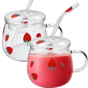 Kreapa strawberry glass cup 2 Sets cute strawberry Clear Glass Mug with Lid and Straw. Strawberry cups with cute strawberry roller stuff pattern decor glass bottle for Juice water milk coffee tea