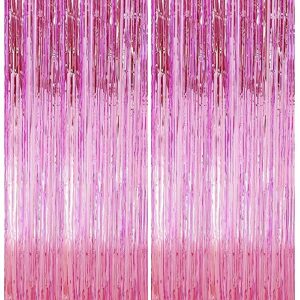 2 pack 3.2 ft x 9.8 ft pink tinsel curtain party backdrop decorations, metallic foil fringe backdrop door for halloween, christmas, birthday graduation wedding party streamers photo backdrop.