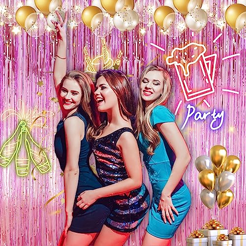 2 Pack 3.2 ft x 9.8 ft Pink Tinsel Curtain Party Backdrop Decorations, Metallic Foil Fringe Backdrop Door for Halloween, Christmas, Birthday Graduation Wedding Party Streamers Photo Backdrop.