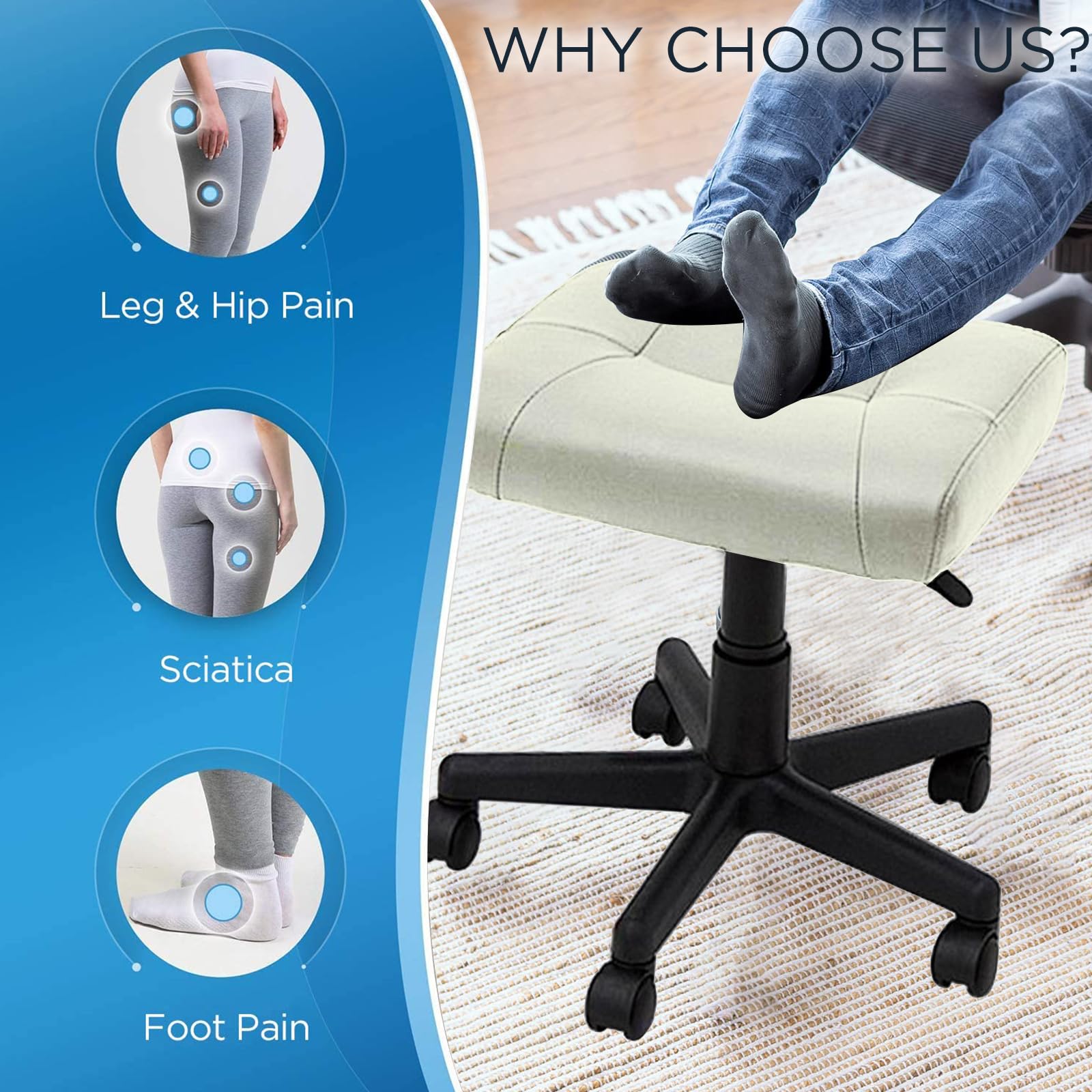 Adjustable Footrest Ottoman Stool with 360° Rolling Wheels Ergonomic Footrest Under Desk Foot Rest for Home or Office Use (Beige)