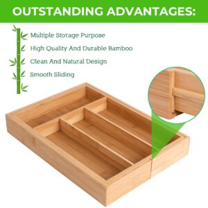 JS HOME Bamboo Expandable Drawer Organizer for Utensils Holder, Adjustable Silverware Organizer and Cutlery Tray, Wood Drawer Dividers Organizer for Silverware, Flatware, Knives in Kitchen