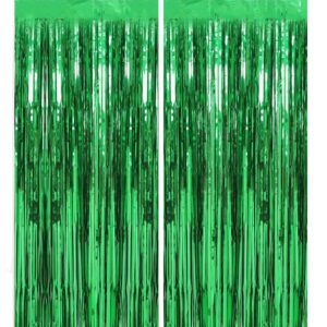 2 pack 3.2 ft x 9.8 ft green tinsel curtain party backdrop decorations, metallic foil fringe backdrop door for halloween, christmas, birthday graduation wedding party streamers photo backdrop.