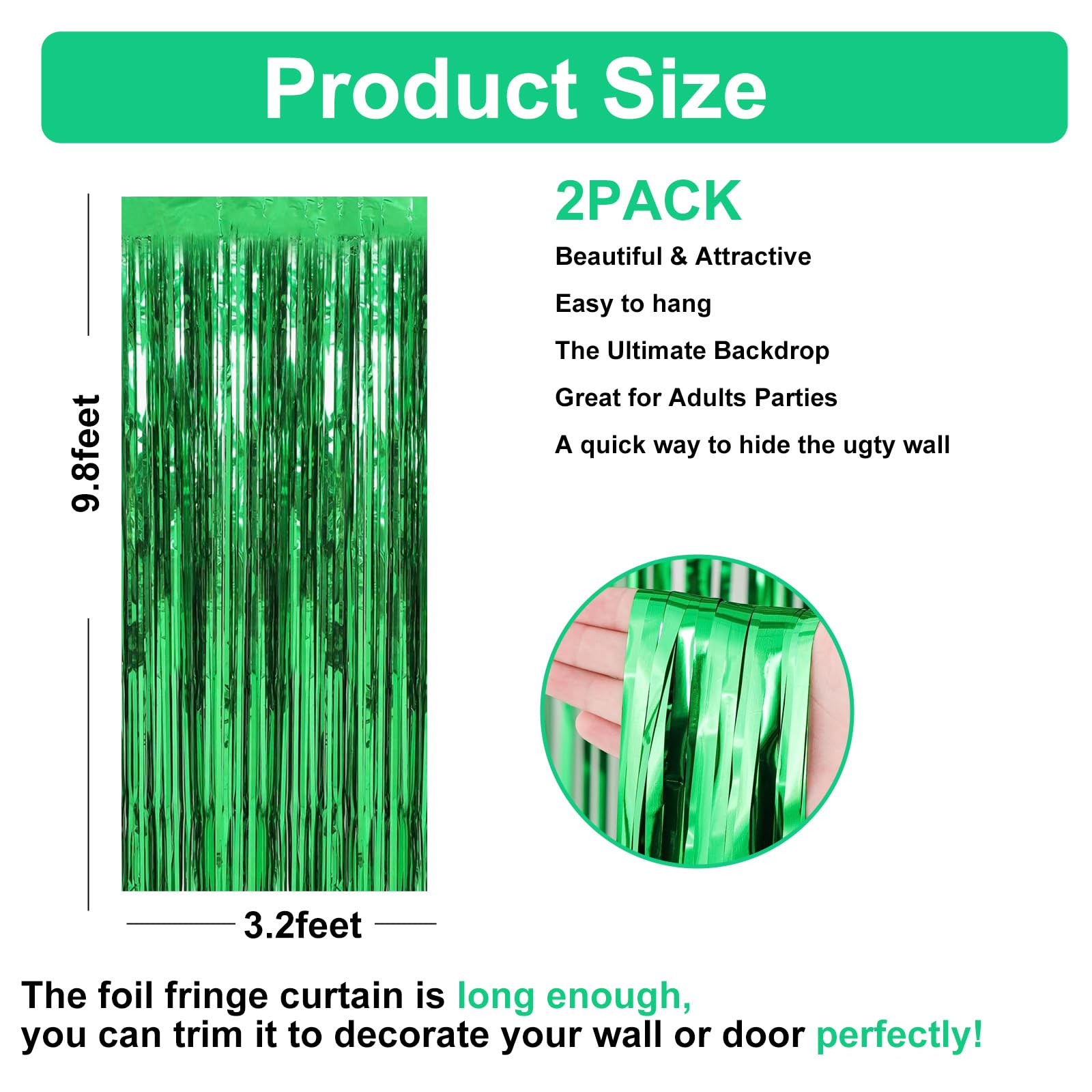 2 Pack 3.2 ft x 9.8 ft Green Tinsel Curtain Party Backdrop Decorations, Metallic Foil Fringe Backdrop Door for Halloween, Christmas, Birthday Graduation Wedding Party Streamers Photo Backdrop.