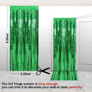 2 Pack 3.2 ft x 9.8 ft Green Tinsel Curtain Party Backdrop Decorations, Metallic Foil Fringe Backdrop Door for Halloween, Christmas, Birthday Graduation Wedding Party Streamers Photo Backdrop.