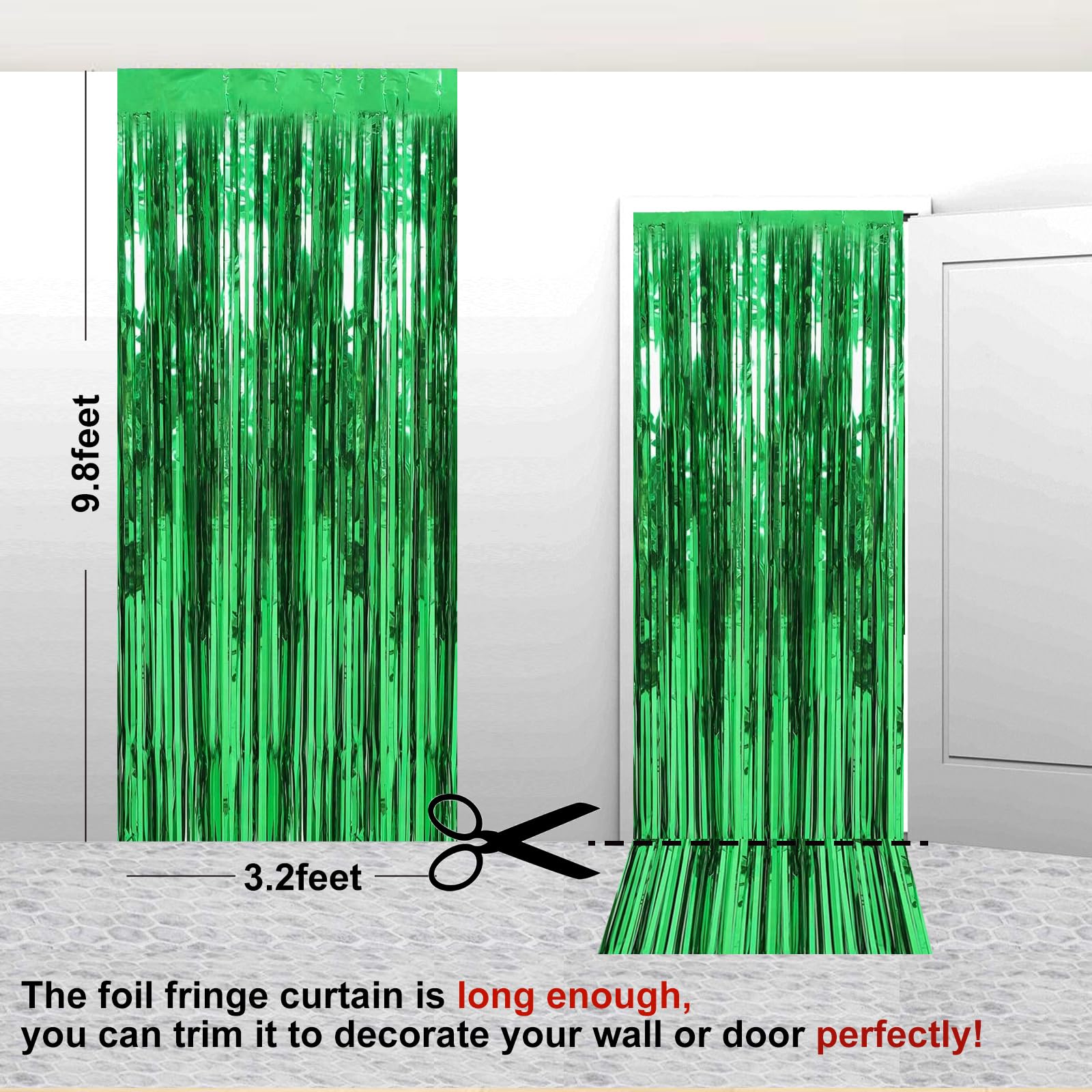 2 Pack 3.2 ft x 9.8 ft Green Tinsel Curtain Party Backdrop Decorations, Metallic Foil Fringe Backdrop Door for Halloween, Christmas, Birthday Graduation Wedding Party Streamers Photo Backdrop.