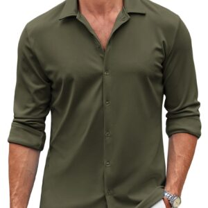 COOFANDY Men Long Sleeve Button Up Shirts Summer Lightweight Slim Fit Dress Shirts Army Green