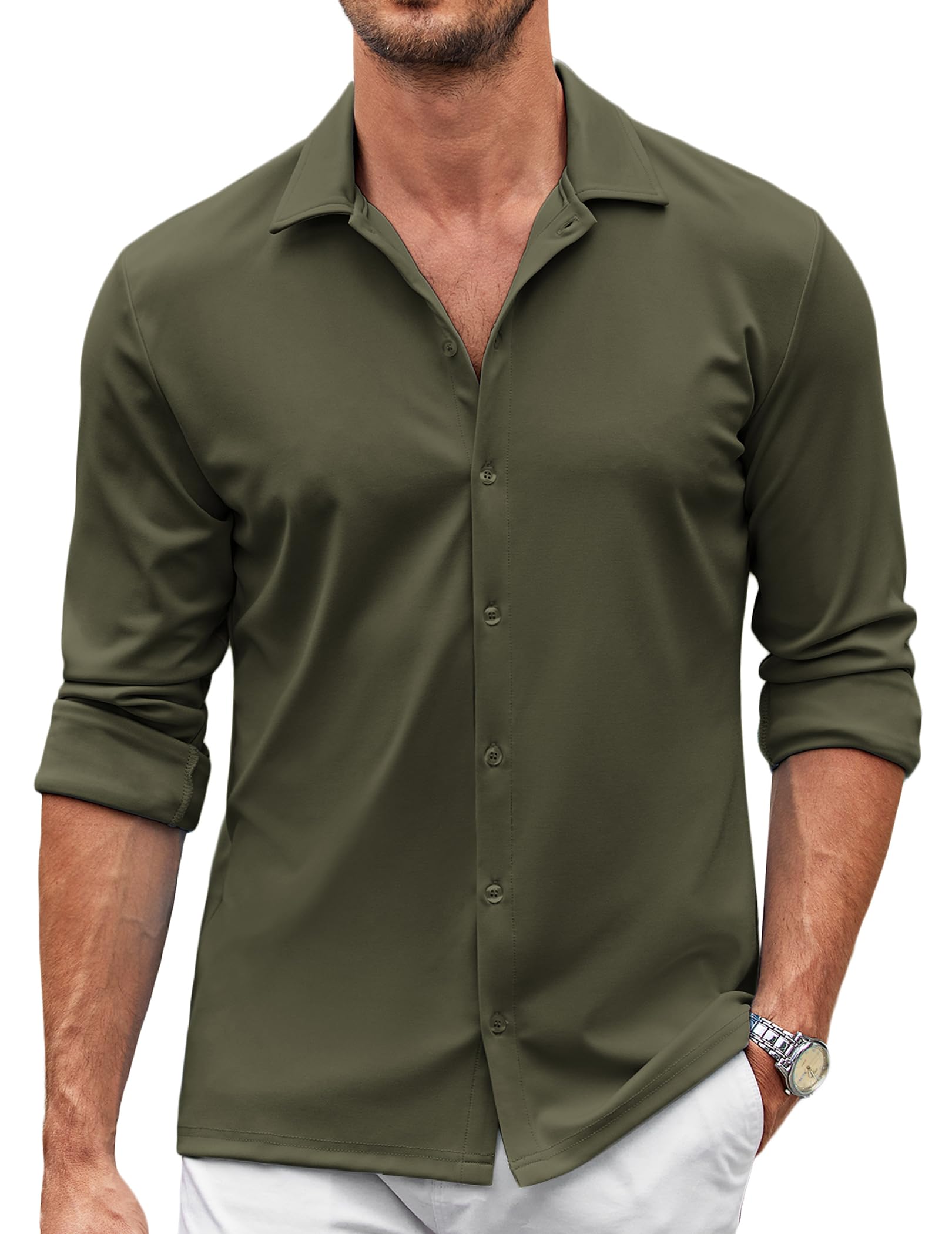 COOFANDY Men Long Sleeve Button Up Shirts Summer Lightweight Slim Fit Dress Shirts Army Green