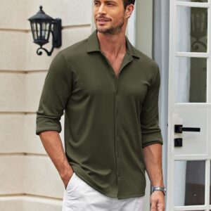 COOFANDY Men Long Sleeve Button Up Shirts Summer Lightweight Slim Fit Dress Shirts Army Green