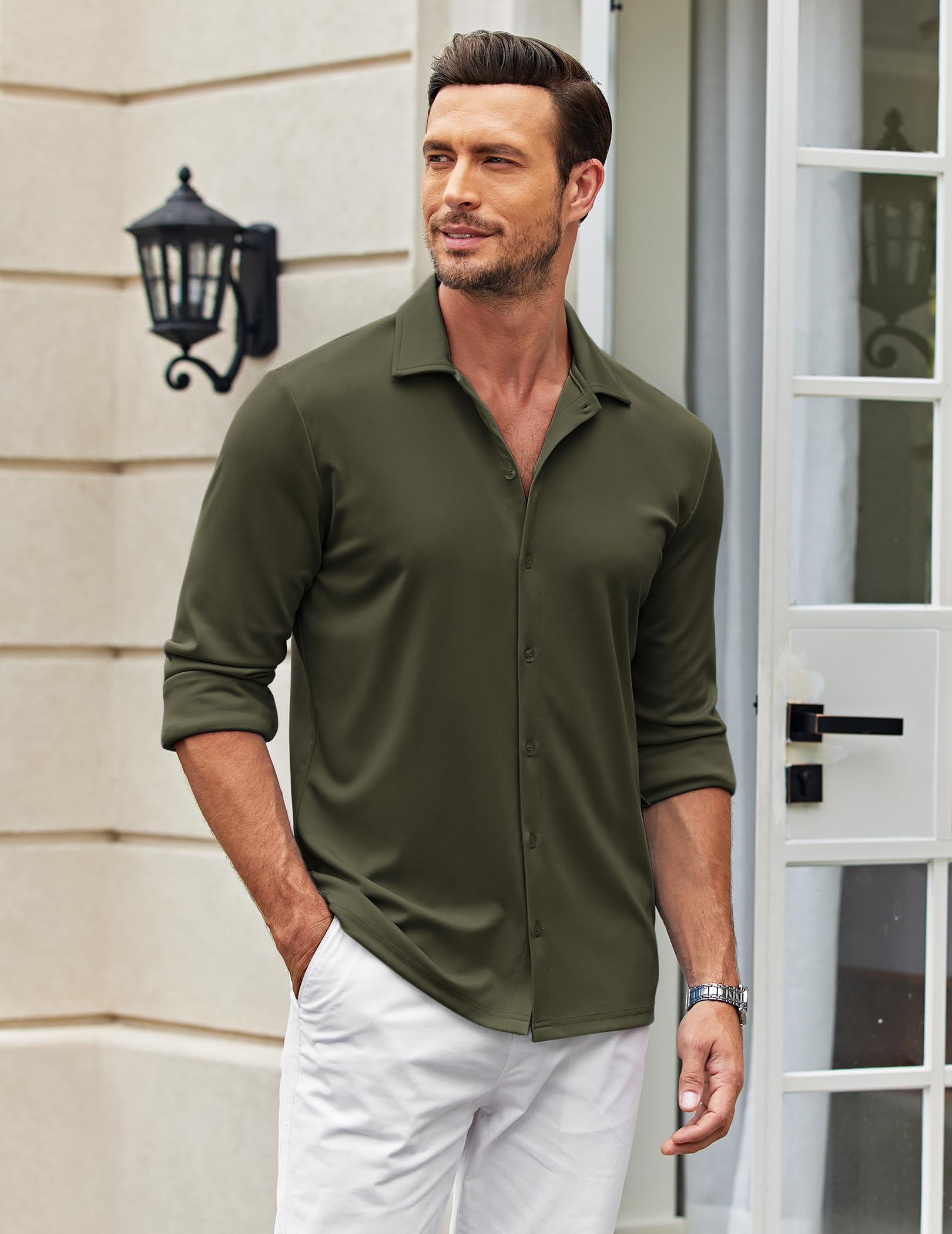 COOFANDY Men Long Sleeve Button Up Shirts Summer Lightweight Slim Fit Dress Shirts Army Green