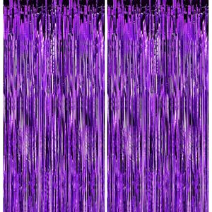 2 pack 3.2 ft x 9.8 ft purple tinsel curtain party backdrop decorations, metallic foil fringe backdrop door for halloween, christmas, birthday graduat