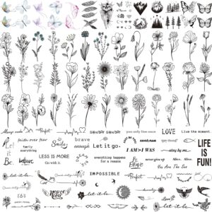 jeefonna realistic temporary tattoos, 100 sheets 240+ pcs tiny fake tattoos, include 40 sheets inspirational words tattoo, 60 sheets butterflies owls feathers hills trees wild floral flower temporary tattoos stickers for women adult kids (bigger size)