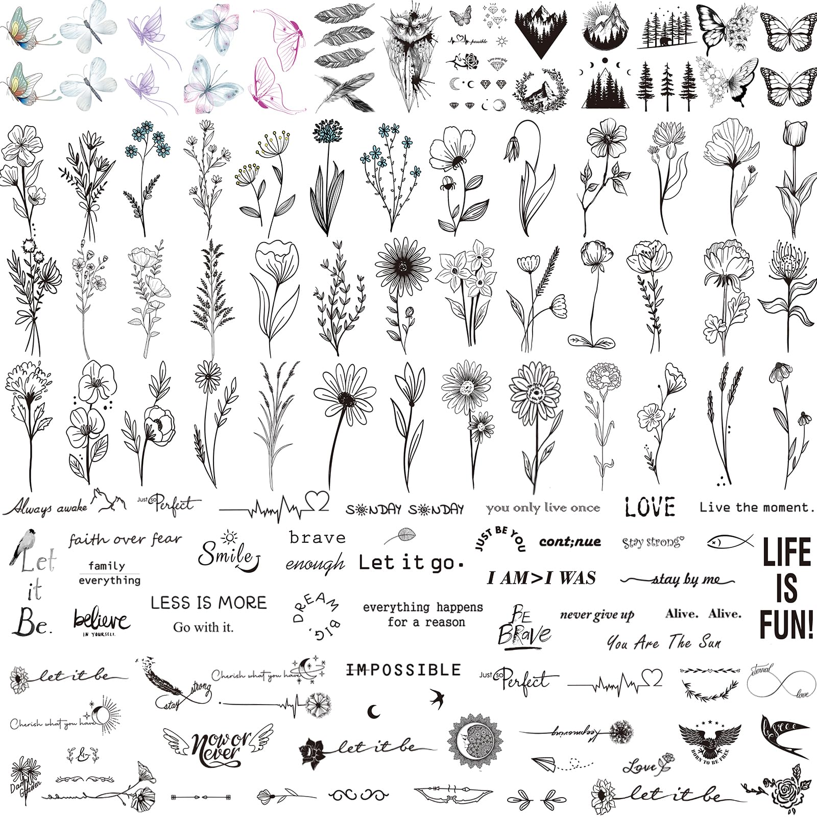 JEEFONNA Realistic Temporary Tattoos, 100 Sheets 240+ Pcs Tiny Fake Tattoos, Include 40 Sheets Inspirational Words Tattoo, 60 Sheets Butterflies Owls Feathers Hills Trees Wild Floral Flower Temporary Tattoos Stickers for Women Adult Kids (Bigger Size)