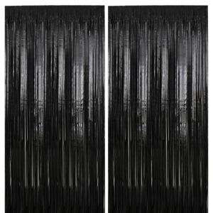 2 pack 3.2 ft x 9.8 ft black tinsel curtain party backdrop decorations, metallic foil fringe backdrop door for halloween, christmas, birthday graduation wedding party streamers photo backdrop.