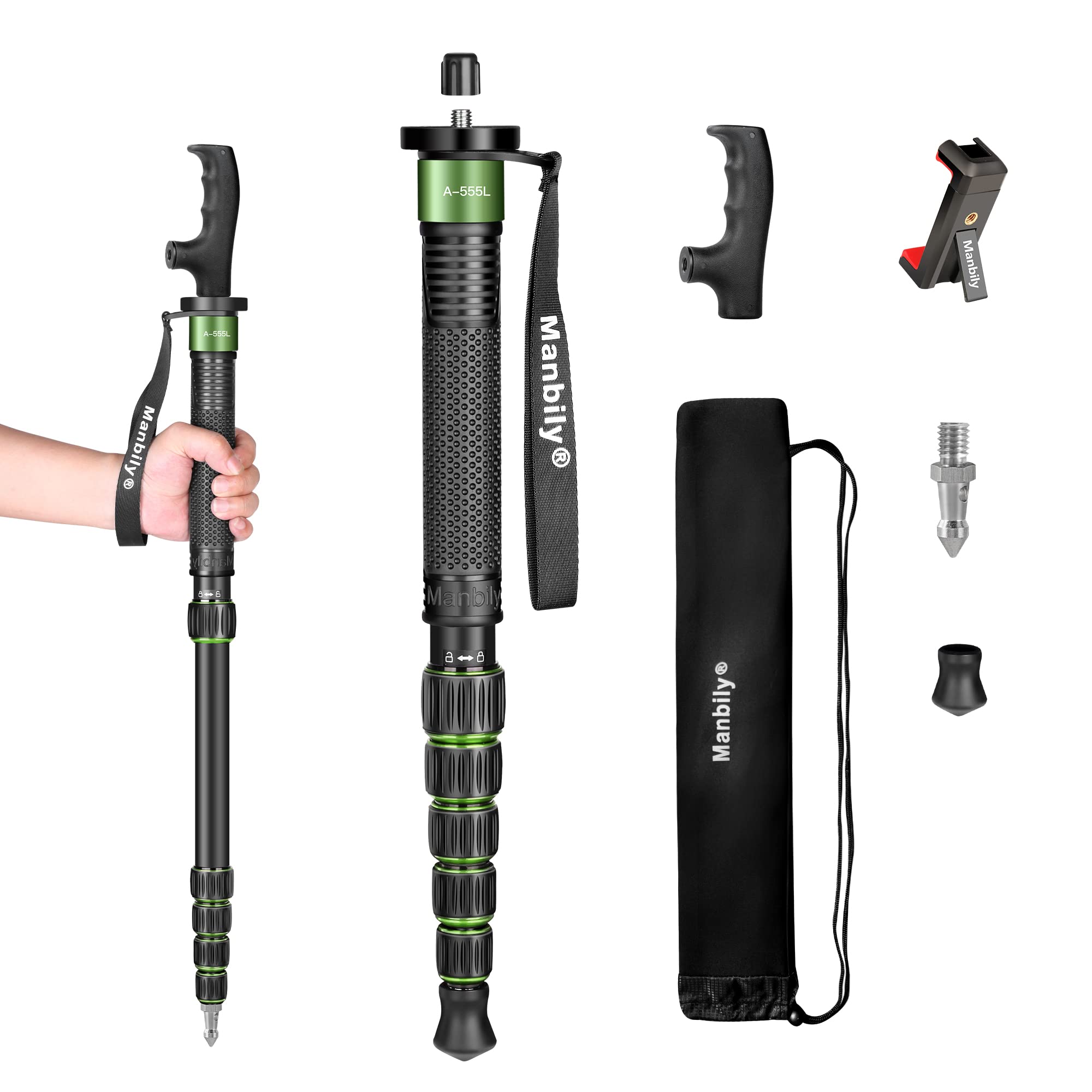 Manbily Camera Monopod Aluminum Portable Compact Lightweight Travel Monopod with Carrying Bag Walking Stick Handle,for DSLR Canon Nikon Sony Video Camcorder (Aluminum, Green&Black)