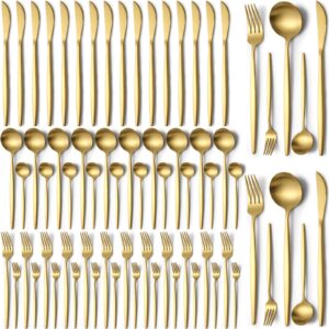 60 pieces stainless steel silverware set, flatware cutlery set service for 12, tableware cutlery set include knife fork spoon set, utensils for home, restaurant, hotel, dishwasher safe (gold)