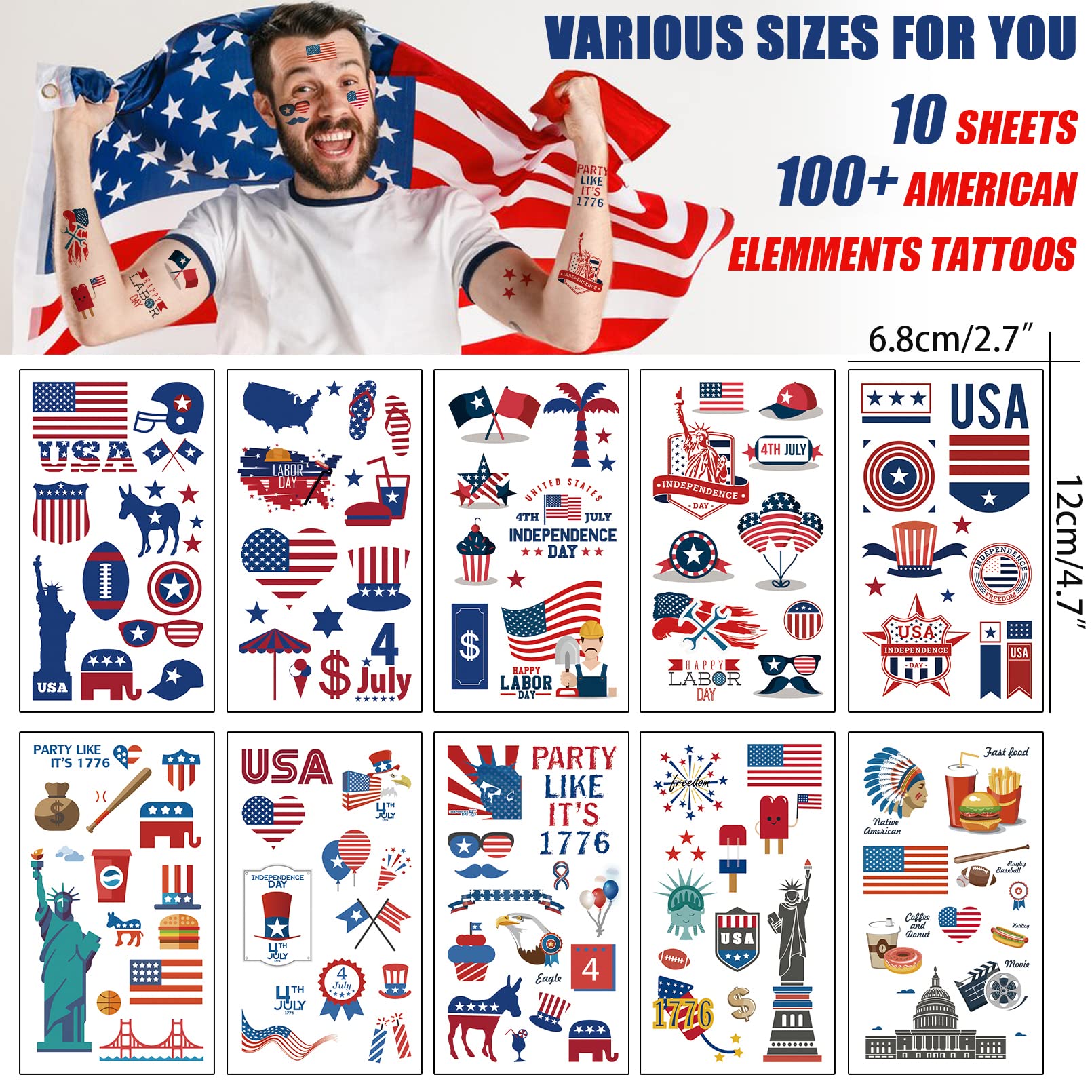 Fourth of July Temporary Tattoos Set Patriotic Decorations Stickers 10 sheets for Kids Adults, Red White and Blue American Flag USA Party Supplies 4th of July Memorial Independence Labor Day