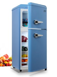 krib bling mini fridge with freezer,3.5 cu. ft compact refrigerator with 2 doors,7- level adjustable thermostat, removable glass shelves for bedroom, office, kitchen, apartment, dorm, blue