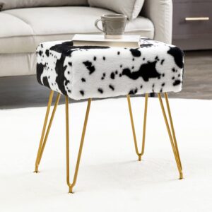 lue bona modern mink square footstool vanity bench, cow print furry faux fur stool with gold legs, comfy vanity chair ottoman bench, makeup stools for vanity, fluffy footrest for bedroom, living room